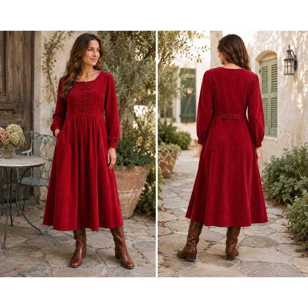 Vintage 90s FADS Burgundy Corduroy Midi Dress 12 Lace Trim Collar Cottagecore